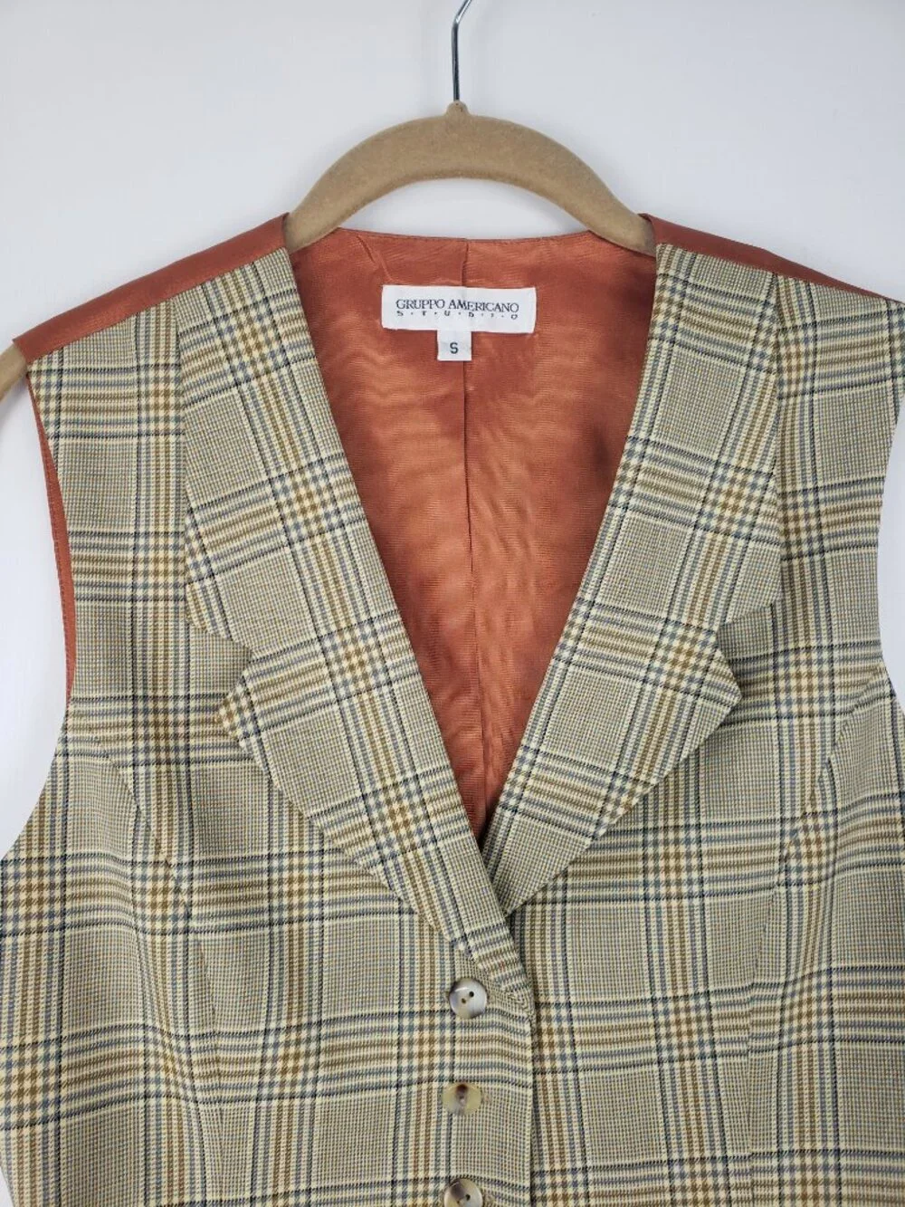 Gruppo Americano Tan Glen Plaid Wool Waistcoat Menswear Lapel Vest Womens Small